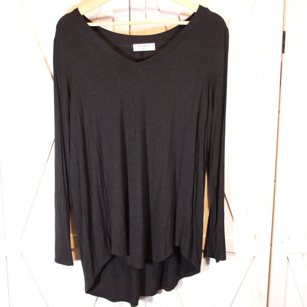 Zenana V-Neck Long Sleeve Shirt Hi-Low Black Relaxed Fit Womens Top Size Medium